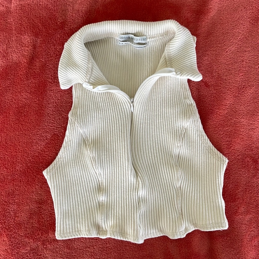 Urban Outfitters Beige Ribbed Sleeveless Crop Top with Collar and Half Zipper